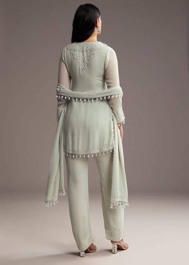 Pastel Green Georgette Kurta Set With Bead Embroidery