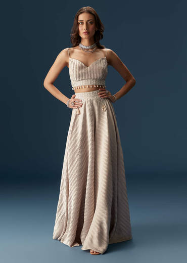 Pastel Palazzo Set With Full Sleeved Jacket And Intricately Embellished Bustier