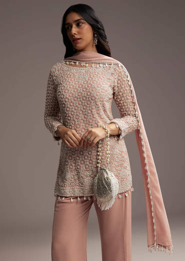 Pastel Peach Georgette Kurta Set With Beads Work