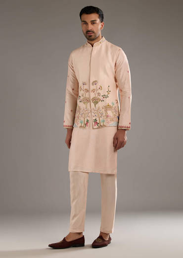 Peach Banarasi Silk Kurta Jacket Set For Men With Heavy Hand Embroidery