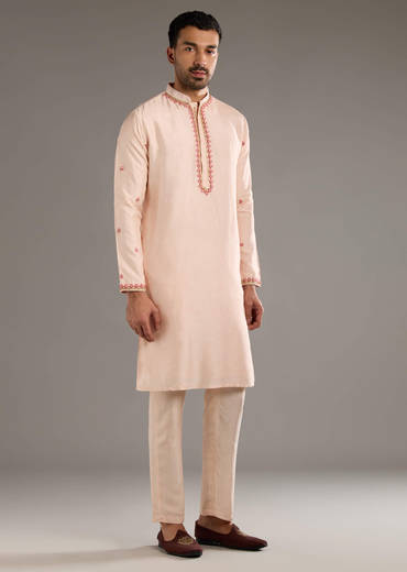 Peach Banarasi Silk Kurta Jacket Set For Men With Heavy Hand Embroidery