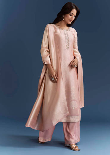 Peach Banarasi Tissue Kurta Set With Zardosi Neckline