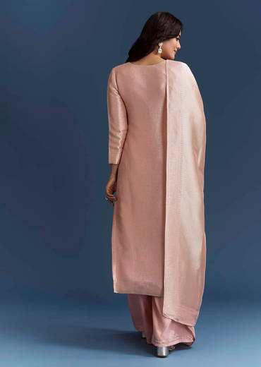 Peach Banarasi Tissue Kurta Set With Zardosi Neckline