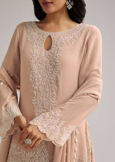 Peach Beaded Kurti Pant Set With Dupatta
