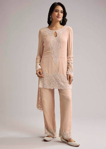 Peach Beaded Kurti Pant Set With Dupatta