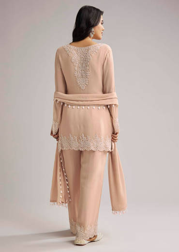 Peach Beaded Kurti Pant Set With Dupatta