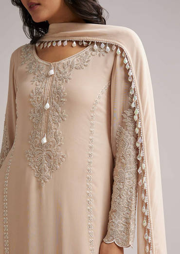 Soft Peach Beaded Kurti Pant Set With Dupatta