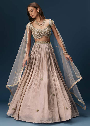 Peach Bridesmaid Lehenga With Embroidered Dupatta And Cap Sleeve Blouse