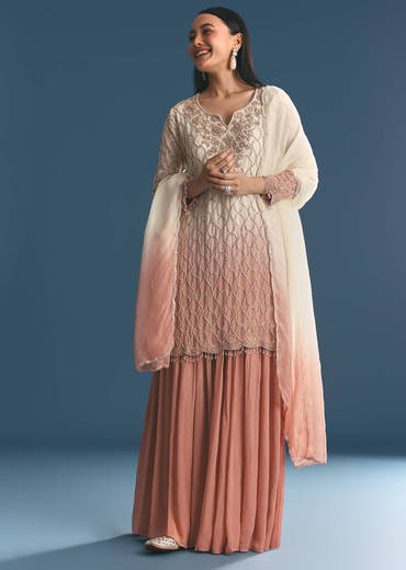 Peach Chinon Ombre Kurta Palazzo Suit With Sequins Threadwork