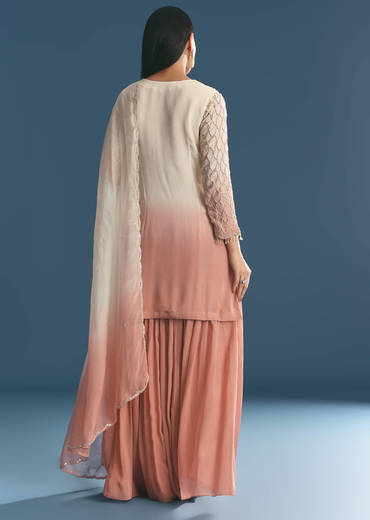 Peach Chinon Ombre Kurta Palazzo Suit With Sequins Threadwork