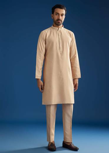 Peach Cotton Silk Jacket Kurta Set With Mirror And Dori Work