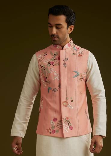Peach Cotton Silk Kurta Set With Aari Work Jacket