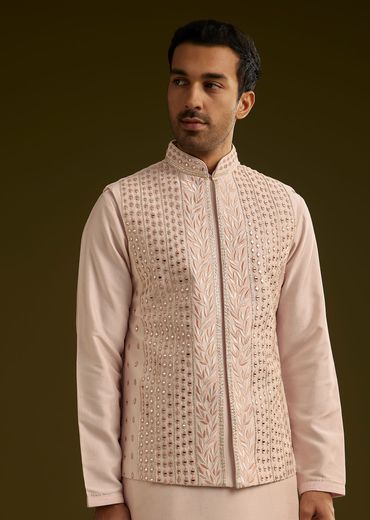 Peach Cotton Silk Kurta With Mirror Threadwork Jacket