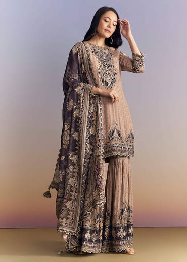 Peach Crepe Sharara Suit With Paisley Print And Zari Work
