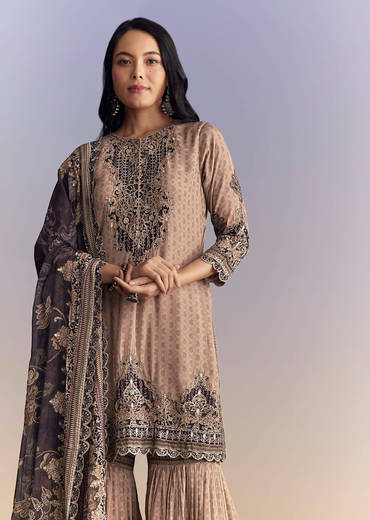 Peach Crepe Sharara Suit With Paisley Print And Zari Work