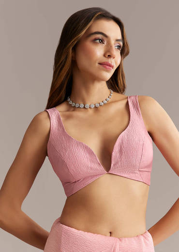 Peach Crush Tissue Saree With Scallop Border Embroidery