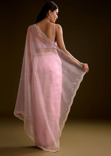 Peach Crush Tissue Saree With Stone And Moti Embroidery And Scallop Border