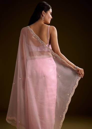 Peach Crush Tissue Saree With Stone And Moti Embroidery And Scallop Border