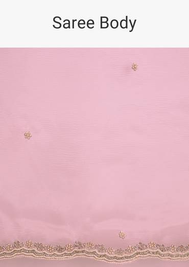 Peach Crush Tissue Saree With Stone And Moti Embroidery And Scallop Border