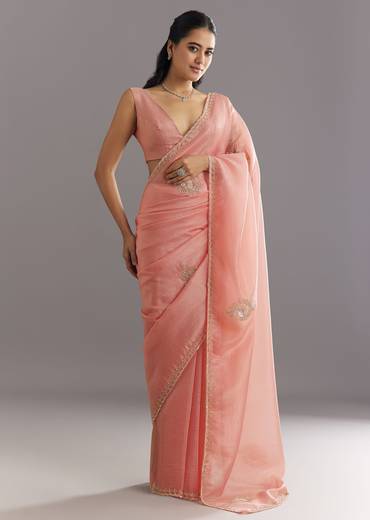 Peach Crushed Tissue Saree With Cutdana And Sequins Embroidery