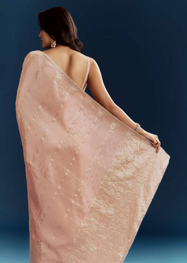 Peach Dola Silk Brocade Saree With Gota Patti And Moti Embroidery