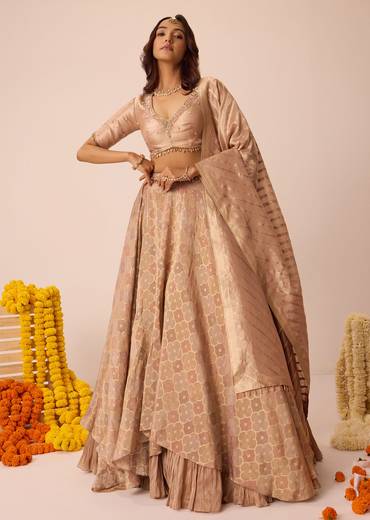 Peach Embroidered Blouse With Ruching Lehenga And Tassel Dupatta