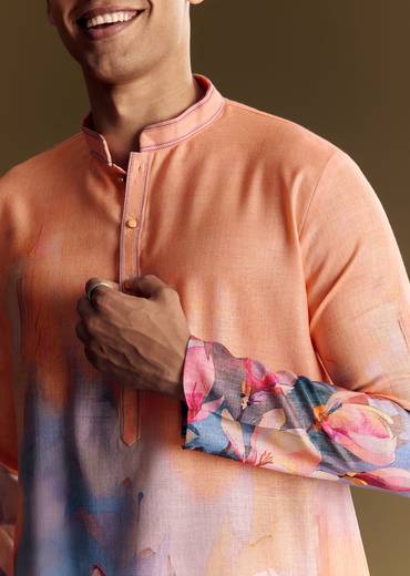 Peach Floral Printed Linen Kurta Set With Contemporary Styling