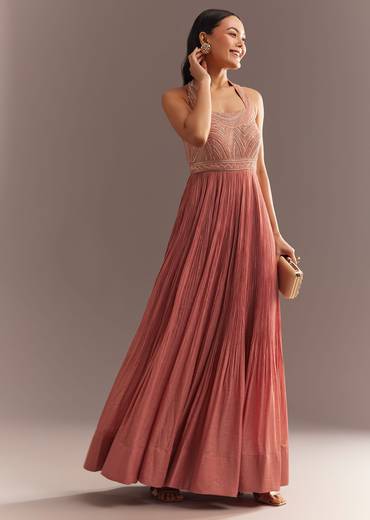 Peach French Tissue Jumpsui With Cutdana Work