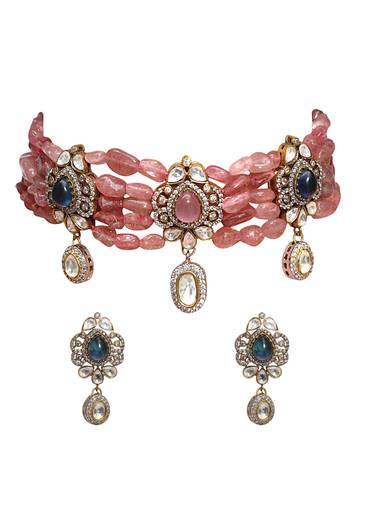 Peach Fusion Pendant Drop Stone Necklace Set