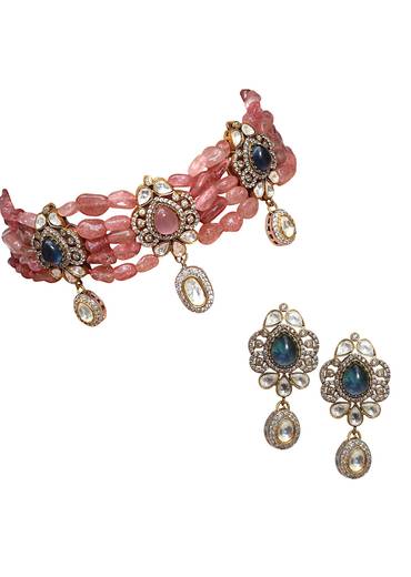 Peach Fusion Pendant Drop Stone Necklace Set