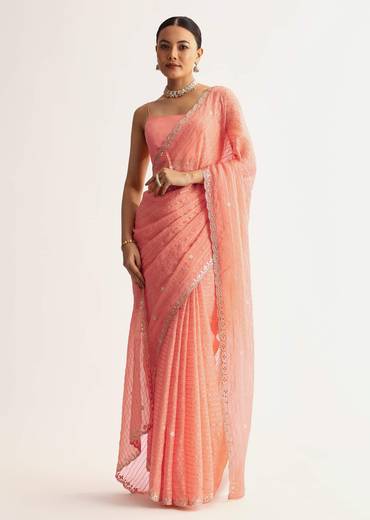 Peach Georgette Scallop Bordered Saree With Foil Printed Stripes