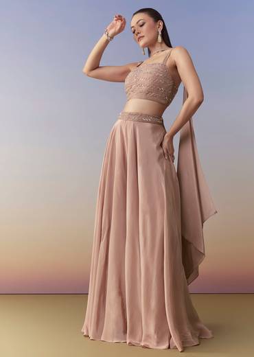 Peach Indo Fusion Crop Top Palazzo and Dupatta Set