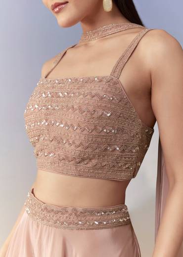 Peach Indo Fusion Crop Top Palazzo and Dupatta Set