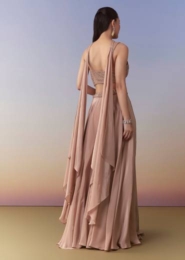 Peach Indo Fusion Crop Top Palazzo and Dupatta Set