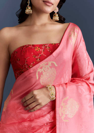Peach Jacquard Woven Saree With Zari Work