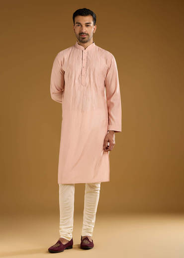 Peach Kurta Set For Men With Thread Embroidery