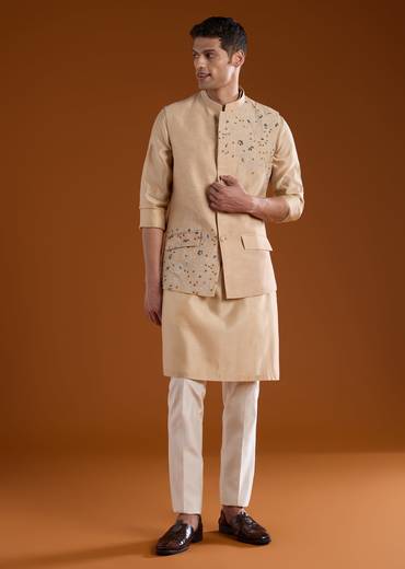 Peach Mens Chanderi Jacket and Kurta Set