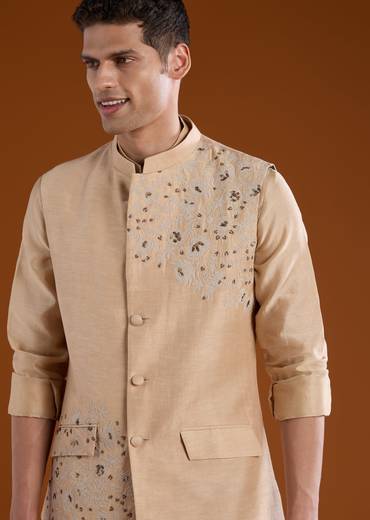 Peach Mens Chanderi Jacket and Kurta Set