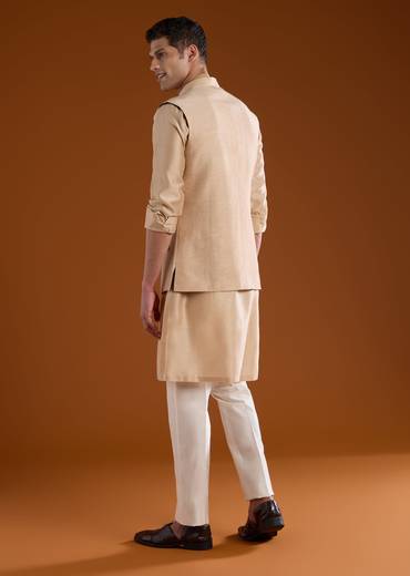 Peach Mens Chanderi Jacket and Kurta Set
