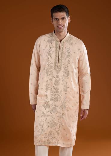 Peach Mens Rawsilk Kurta Pant Set