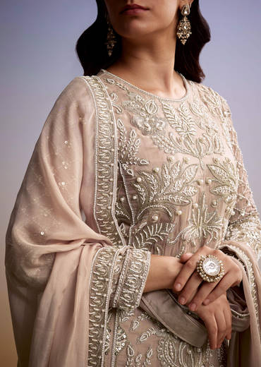 Peach Organza Palazzo Suit With Zari And Moti Work