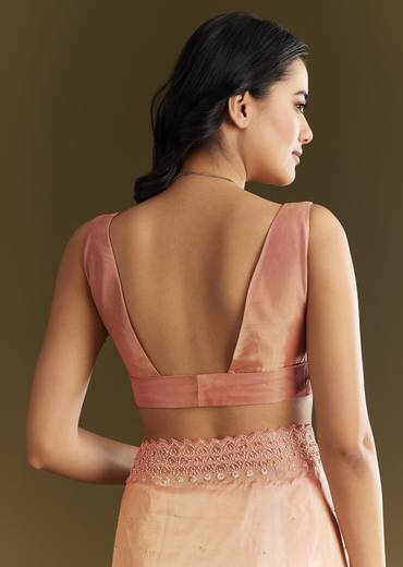Peach Organza Saree With Stone Embellishment And Scallop Border
