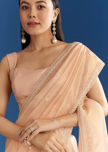 Peach Organza Tissue Saree With Beaded Border