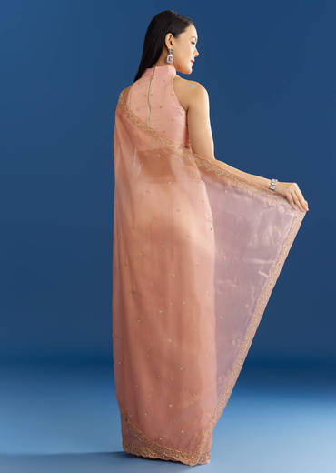 Peach Organza Tissue Saree With Scallop Edge