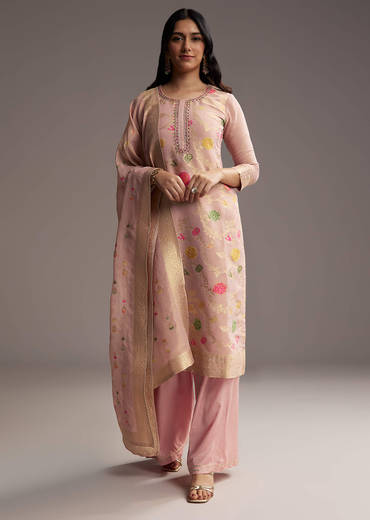 Peach Pink Banarasi Tissue Palazzo Suit