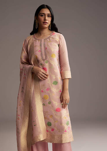 Peach Pink Banarasi Tissue Palazzo Suit