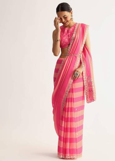 Peach Pink Mirrorwork Cutdana Work Georgette Saree