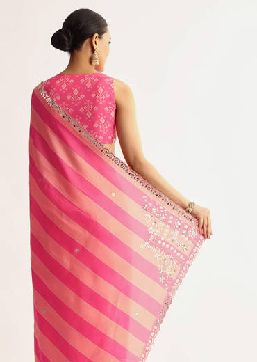 Peach Pink Mirrorwork Cutdana Work Georgette Saree