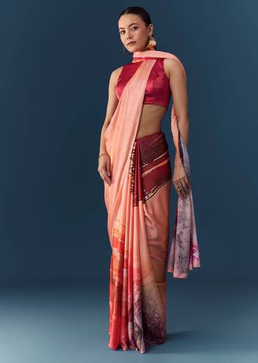 Peach Printed Saree with Blouse Fabric