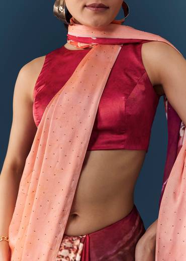 Peach Printed Saree with Blouse Fabric